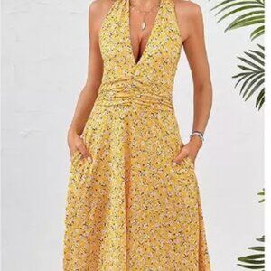 Huhot Womens Yellow Ditsy Print Halter Dress Size XL Y2K Rockabilly Pinup Y2K